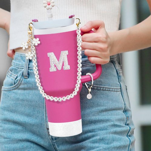 LUHOHI Stanley Cup Accessories Set - Including Water Bottle Carrying Pearl Strap, Handle Letter Charms Sticker, Silicone Cup Boot Straw Cover for 40oz & 30oz Tumbler Accessory Kit