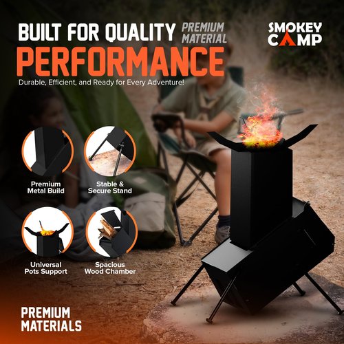 Rocket Stove for Camping Heavy Duty Wood Burning Stove with Adjustable Legs, Portable Wood Burning Fire Camping Stove, Cooking Camping Grilling Outdoor Backyard BBQ Stove with Storage Bag, Rod, Gloves