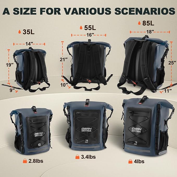 Waterproof Backpack Dry Bag 35L/55L – Heavy Duty Roll-Top Hiking Backpack Sack Keeps Gear Dry for Travel, Kayaking, Boating, Camping, Rafting and Fishing