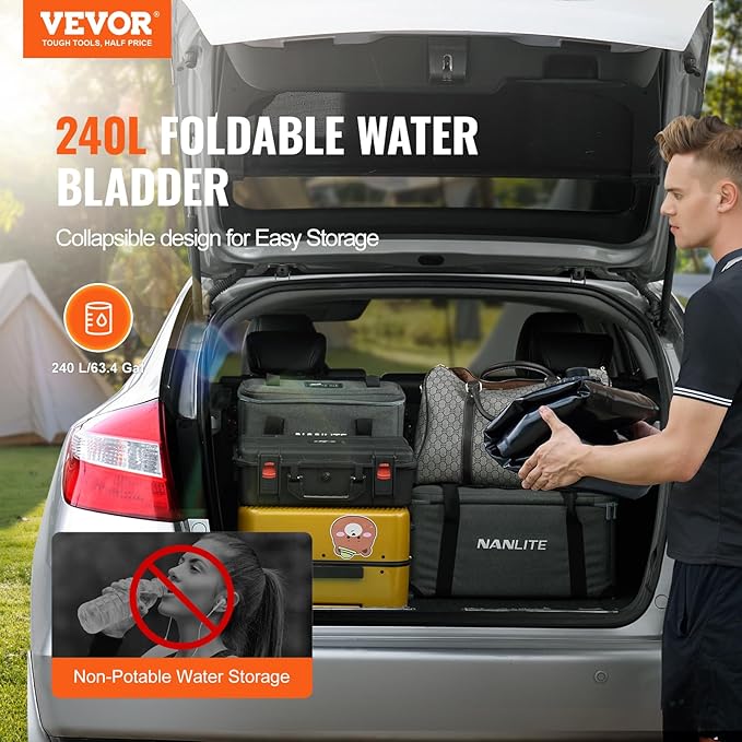 VEVOR 240L/63.4 Gallon Water Storage Bladder, Portable RV Water Tank, 1000D PVC Collapsible Water Storage Containers, Soft Water Storage Bag, Water Bladder,Camping, Emergency Water