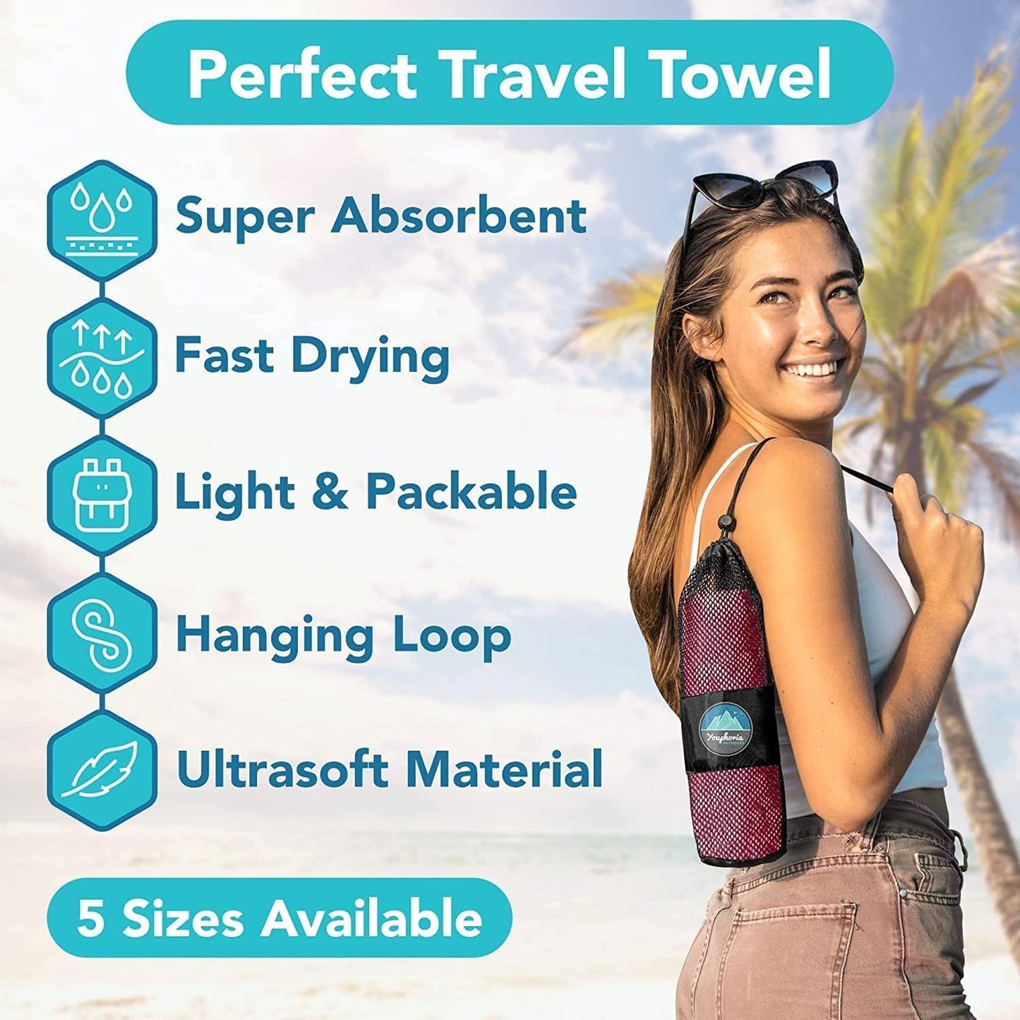 Youphoria Microfiber Travel Towel Fast Drying Lightweight - Quick Dry Towel for Camping, Beach, Backpacking, Hiking & Sport
