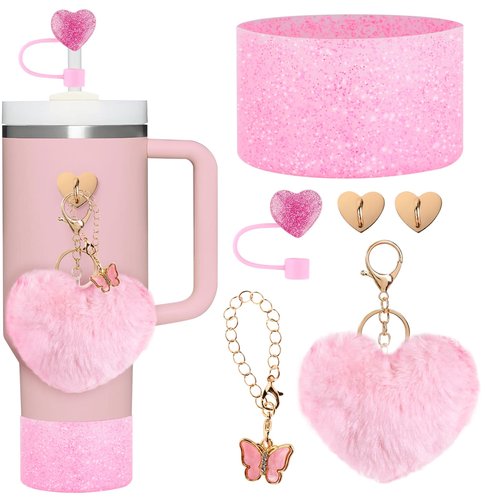SDIDVIEXPERT 6Pcs Accessories for Stanley Cups,Siliocne Water Bottle Boots Cover Charm Keychain Cute Hanging Charm for Stanley Tumbler Cup 40oz (Pink)