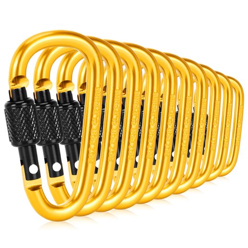 Dairzitv 10 Pack Carabiner Clip, 2.28 inch Aluminum D-Ring Shape Locking Carabiners, Snap Hook Sport Accessories for Outdoor Camping Hiking, Gold