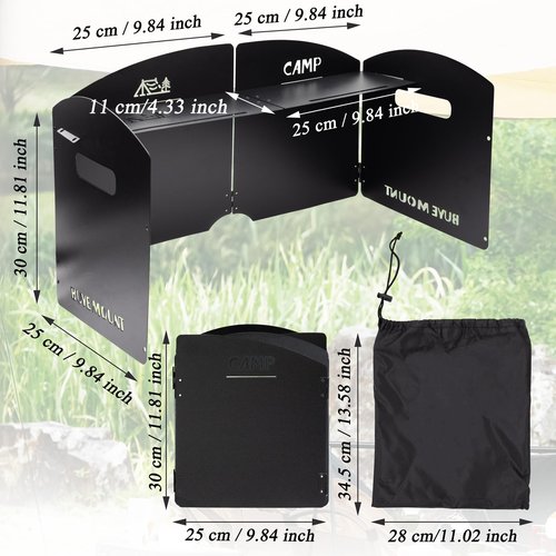 Camping Stove Windscreen Steel Camp Stove Windscreen 4 Plates Steel Folding Camping Stove Windshield with a Storage Bag and Compartment for Camping, Hiking, Picnic, Backpacking, Cooking (Black)