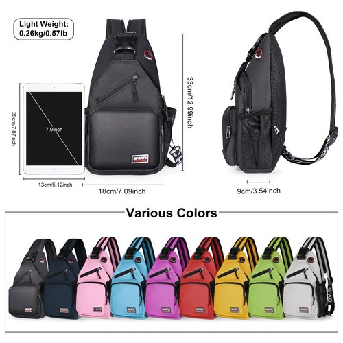 VALUEQLO Convertible Sling Bag Crossbody Backpack with Headphone Jack, Small Shoulder Chest Bag Casual Daypack for Women Men Hiking Travel Cycling, Black