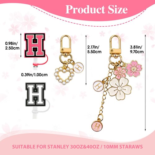 Lingdeer Water Bottle Handle with 2Pcs Letter Charms & 2Pcs Personalized Initial Straw Cover Toppers, Water Bottle Holder Lanyard Sling Carrier Strap, Suitable for 30&40 Oz Stanley Cup Accessories (H)