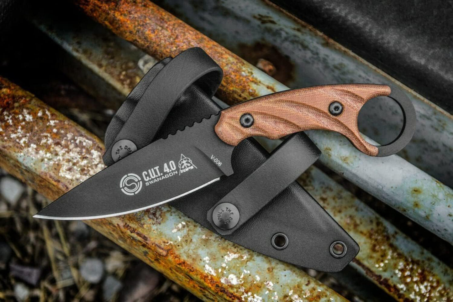 Tops Knives Cut 4.0 Full Tang Fixed Blade-Black Traction Coating Blade Finish-Black Kydex Sheath w/Beta Loop (Tan Canvas Micarta Handle)