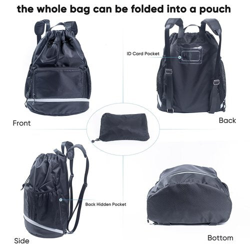 Swim Beach Gym Backpack - Drawstring with Shoes Compartment and Waterproof Pocket for Gym Accessories, Swim Essentials - Kids Mens Beach Workout Bag