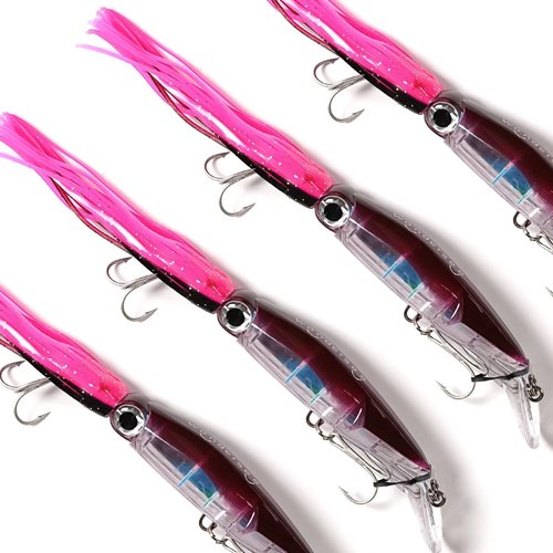 Wondersee Squid Fishing Bait Soft Hard Lures Kit Swimbait Crankbait Jig Simulation Weighted Holographic 4 PCS, Red & Black