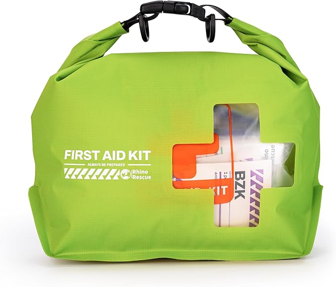 RHINO RESCUE Waterproof First Aid Kit, Lightweight Boat Dry Bag, Emergency Survival Supplies for Outdoor Kayak Floating Swimming & Camping FSA HSA Eligible (Green)