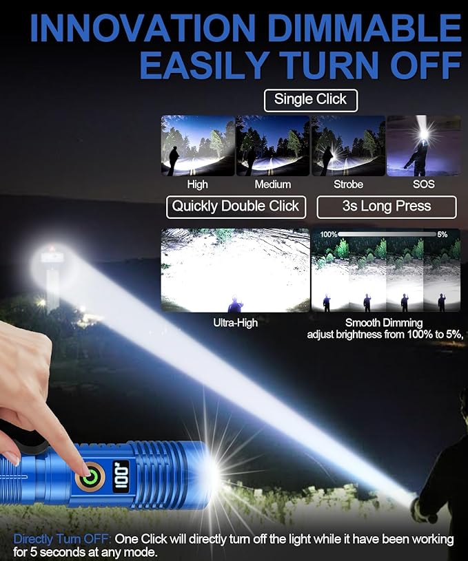 Rechargeable Flashlight High Lumens-12000LM Super Bright Magnetic Flash Light with Power Digital Display,3280Ft Long Range,Dimmable,Waterproof,Pocket Tactical LED Flashlights for Emergency, Blue, 1PC
