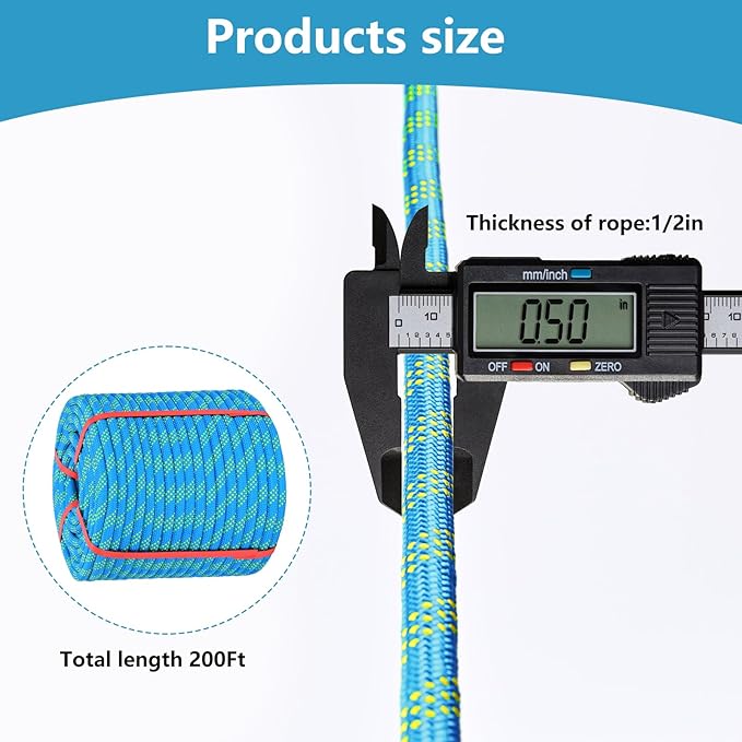 Arborist Rigging Rope - Blue 1/2 in x 200 Ft Static Bull Rope for Climbing Tree Felling Pulling Various Outdoor Applications Construction Swing Sailing