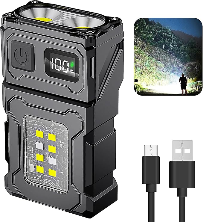 Mini LED EDC Tactical Flashlight - Multifunctional Outdoor Flashlight for Night Working, Running, Camping, Fishing, Hiking, USB C Charging Warning Flash Light Mobile Phone Emergency Power Bank