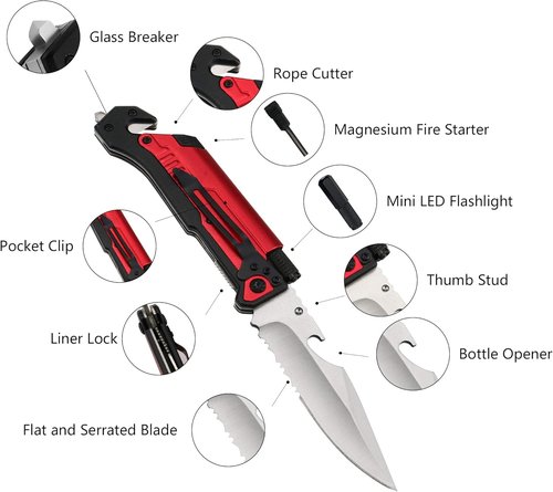 ALBATROSS 6-in-1 Survival Tactical Military Folding Pocket Knives with LED Light,Seatbelt Cutter,Glass Breaker,Magnesium Fire Starter,Bottle Opener;Multi-Function Emergency Tool(Black)