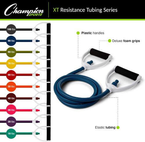 Champion Sports Resistance Tube Bands for Men and Women, Durable Stretch Fitness Band for Strength Training, Stretching, Rehabilitation - Premium Home Workout Equipment - 90 Lbs Resistance Tubing-Blue