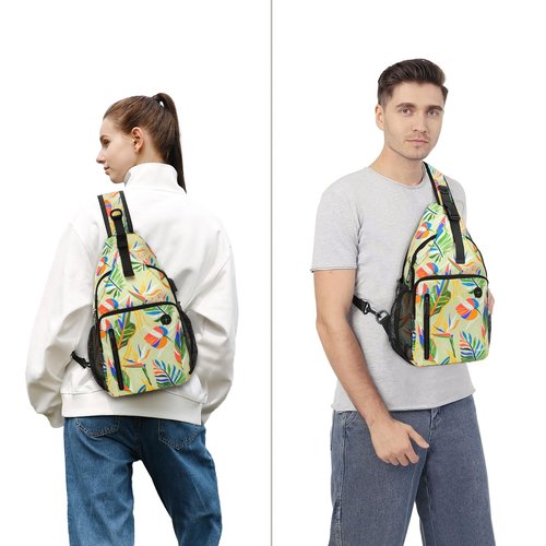MOSISO Sling Backpack Bag, Crossbody Shoulder Bag Travel Hiking Daypack Colorful Art Plant Leaves Chest Bag with Front Square Pocket&USB Charging Port, Yellow