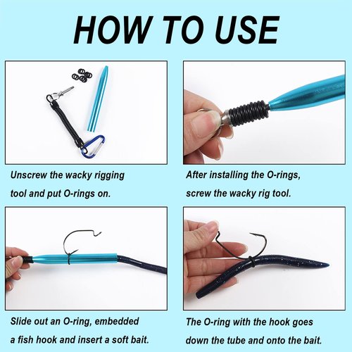 SIWRIOM Wacky Rig Tool with Fishing O-Rings, Wacky Worm Rigging Tool Kit for Senko, Fishing Ring Rigging Tools for Clip Soft Baits Worms with Keychain Lanyard Fishing Bait Rigs