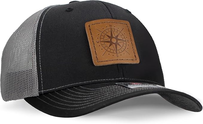 Leather Patch Hat for Men - Richardson 112 Trucker Hat w/Full-Grain Leather Patch, Laser-Engraved, Machine-Stitched