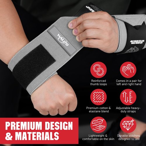 Weight Lifting Wrist Straps - 21" Breathable Wrap, Gym Wrist Brace for Maximizing Grip & Avoiding Injury - Grey