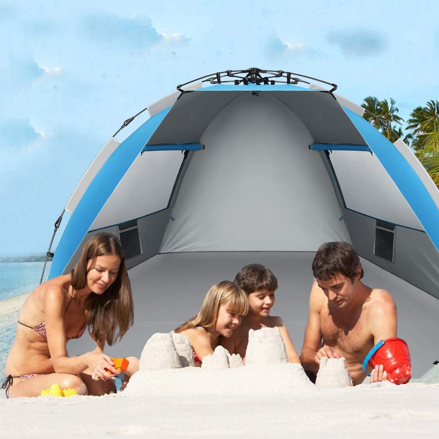 Oileus X-Large 4 Person Beach Tent Sun Shelter - Portable Sun Shade Instant Tent for Beach with Carrying Bag, Stakes, 6 Sand Pockets, Anti UV for Fishing Hiking Camping, Waterproof Windproof, Orange