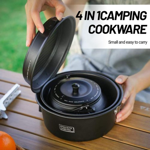 Himalaya 4 Pcs Portable Camping Cookware Mess Kit with Lightweight Pots Pans Kettle Carry Mesh Bag Cleaning Sponge for Kitchen Stove Outdoor Backpacking Hiking Family Picnic Outdoor