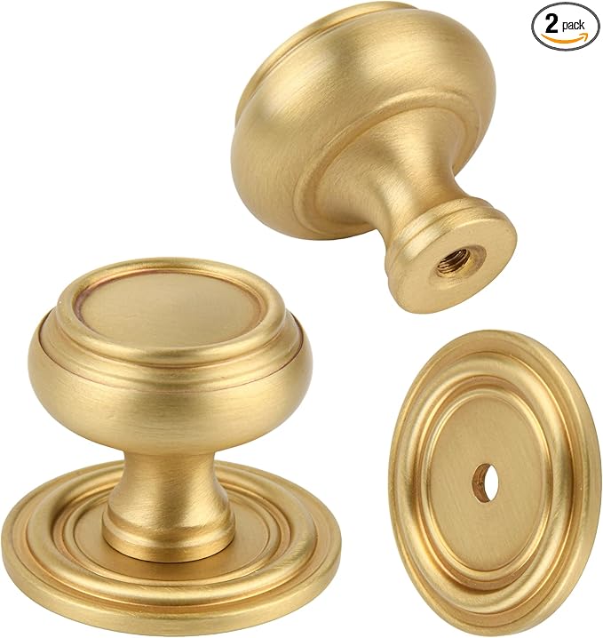 2 Pack Brushed Gold Solid Brass Kitchen Cabinet Knobs,Drawer Pulls, 1.18 Inch 30mm Diameter, Modern Furniture Handles for Cupboard Wardrobe(Antique)