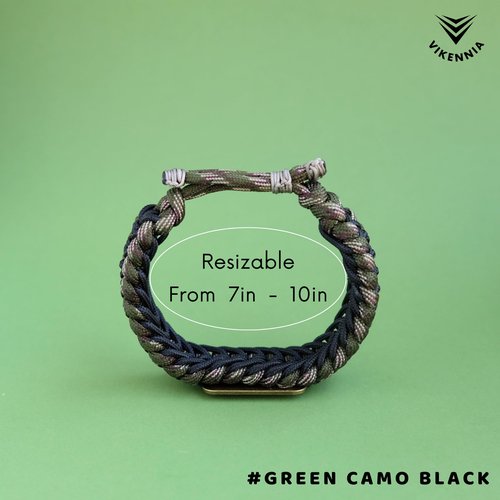 VIKENNIA Paracord Set - 02 Adjustable Braided and Rope Bracelets with Bronze USA Flag Charm - 550 Paracord Survival Bracelets - Green Camo (Set of 2) - For Men, Women, US Army Veterans