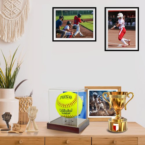 UV Protected Softball/Baseball Display Case with Hard Solid Wooden Base - Holds 11/12 inch Balls, 4x4 Photo Slot & Ring Holder (4x4x4.8inch)