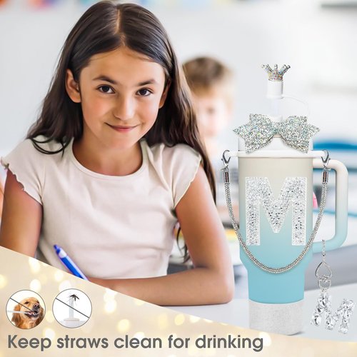 8Pcs Silvery Stanley Cup Accessories Set for Stanley Cup 30&40 Oz Tumbler - Silicone Straw Cover Cap and Boot, Handle Letter Charm, Bow Decoration Initial Sticker, Diamond Water Bottle Handle Strap(M)