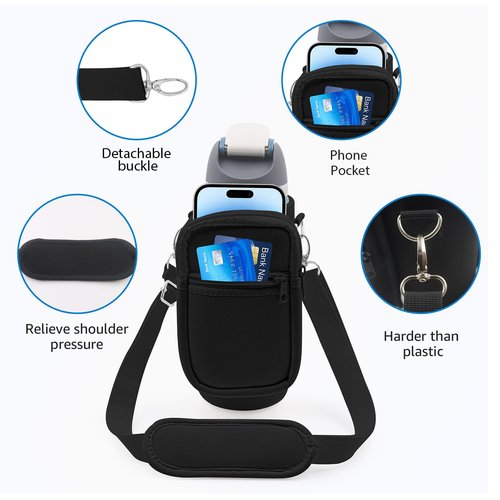 for Owala FreeSip Insulated Stainless Steel Water Bottle Cup Holder Cover Carrier Sling Bag with Strap, Pouch Pocket for Phone/Accessories, add Handle for Owala 40oz (Black-40oz)