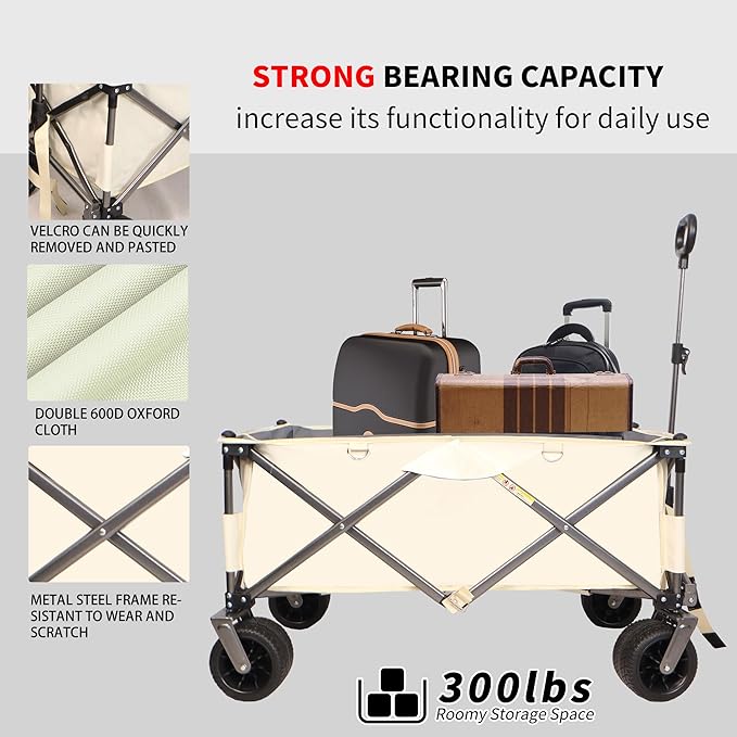 Collapsible Folding Wagon with Big Wheels,Heavy Duty Utility Beach Buggy Cart w/Adjustable Handle and Drink Holder,for Sand,Shopping,Camping,Garden,Outdoor,38",White