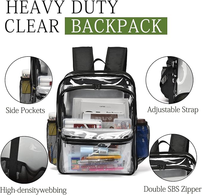 Clear Backpack,15 '' Clear Backpacks for School Heavy Duty PVC See Through Bag Waterproof Bookbag for Girls & Boys, Black