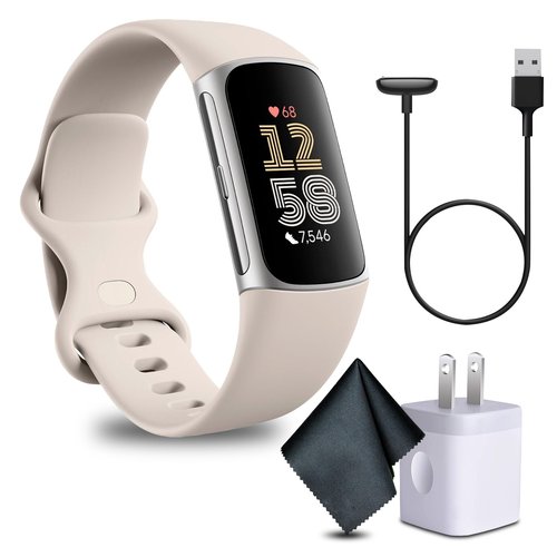 Fitbit Charge 6 Fitness Tracker Smartwatch with Heart Rate, GPS, Health Tools - Fit Bit Smart Watch for Men and Women - Porcelain/Silver Bundle with Cleaning Cloth and Charger