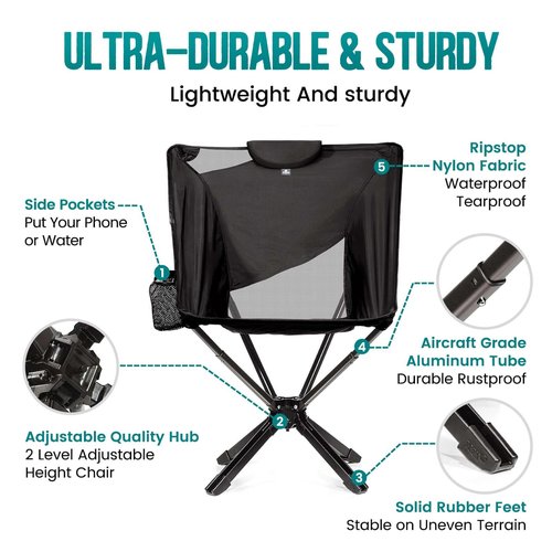TCEK Portable High Back Camping Chair with Adjustable Height, Small Compact Outdoor Folding Chair for Adults Travel, Riselite Collapsible Lightweight Packable Camp Chairs, Easy Carry and Quick Setup