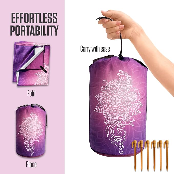 VENTURE 4TH Family-Size Beach Blanket: Sandproof, Waterproof, Lightweight & Compact. Includes Stakes and Carry Bag. 7x8 feet XL Purple Mandala