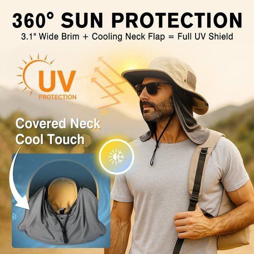 TOP-EX L/XL/XXL UV Protection Mens Sun Hat with Cooling Neck Cover Sunglass Lock Wide Brim Fishing Safari Hats Outdoor Summer Hat Waterproof Packable Grey L/XL
