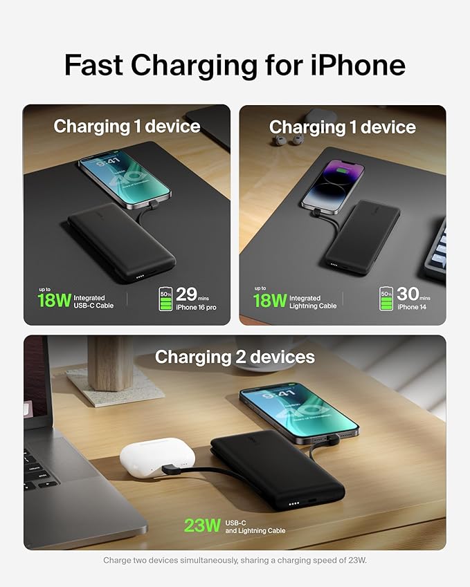 Belkin Portable Charger, Power Bank 10000 mAh, 23W w/Integrated Lightning Cable & USB-C Cable - iPhone Charger Battery Pack for Apple iPhone 16, 15, 14, Galaxy S25, Pixel 9, Travel Essentials - Black