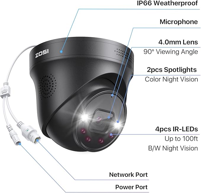 ZOSI 4K PoE Add On Camera,Person Vehicle Detection, Color Night Vision, Sound & Light Siren, Two Way Audio, 8MP Weatherproof Home Security Dome Cam for Outdoor Indoor, Only Work 4K PoE NVR