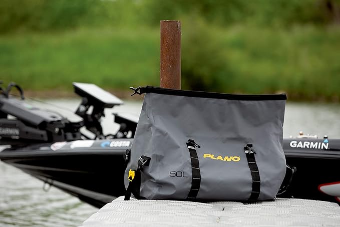 Plano Z-Series Roll-Top Waterproof Duffel with Backpack Straps, Gray with Yellow Accents, 500D PVC Fabric Fishing Dry Bag, Soft Fishing Duffel Bag Storage