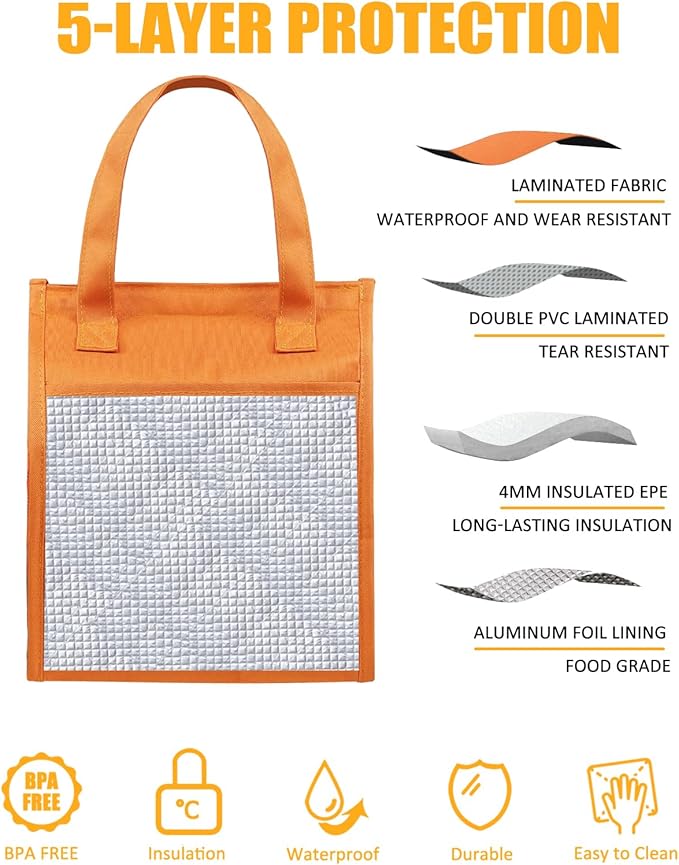 Fmeida Insulated Lunch Bag, Simple Lunch Tote Bags, Waterproof Thermal Cooler Lunch Kit, Reusable Adult Lunch Box Bag for Women | Small Orange, Front&Side&Interior Pockets
