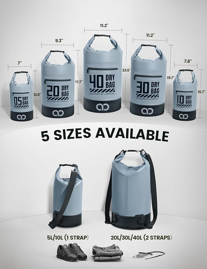 Lamicall Dry Bag Waterproof Backpack - [Zippered Pocket] 10L/20L Roll Top Waterproof Bag with Water proof Phone Case, Floatable Drybag for Swimming, Boating, Kayaking, Camping, Beach