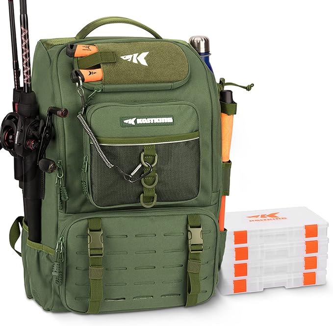 KastKing Karryall Fishing Tackle Backpack with Rod Holders 4 Tackle Boxes,40L Fishing Bag Storage Fishing Gear and Equipment