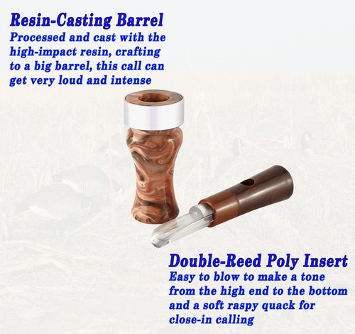 Duck Call Realistic Sound Mallard Duck Call, Resin Casting with Double Reed Poly Insert Teal Hen Duck Call, Easy to Blow Hunting Waterfowl Duck Game Call Multi Scale Finish Lanyard Accessory