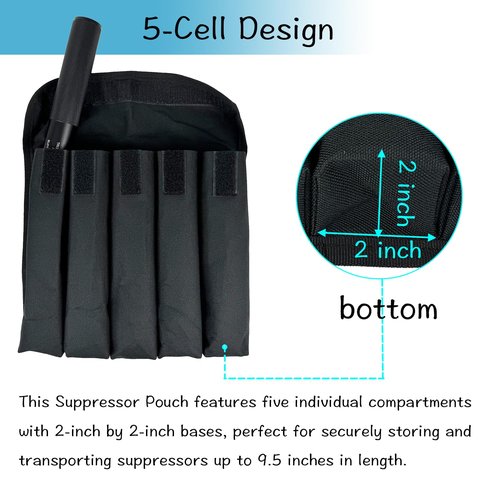 Otomitake Suppressor Pouch - 5-Cell Silencer Carrying Case with Molle Attachment, Fits 9.5-Inch Suppressors, Black, Polyester