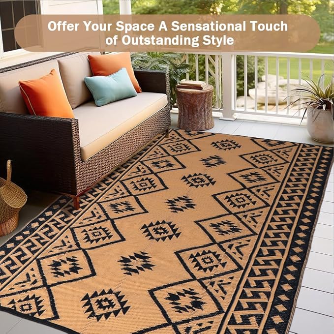 LILIOFFIC Outdoor Rugs - Reversible Mats, 5'x8' Plastic Straw Rug for Patio Clearance Waterproof, Indoor Outdoor Area Rug Carpet for Outside, RV, Deck, Picnic, Beach, Trailer, Camping, Black & Brown
