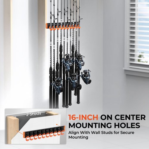 KastKing V10 Pivot Grip Fishing Rod Holder–Adjustable, Space-Saving Wall-Mounted Rod Holder, 10 Polymer-Coated Steel Hooks, Expandable Storage System, Holds 10 Rod & Reel Combos, 1 Pack