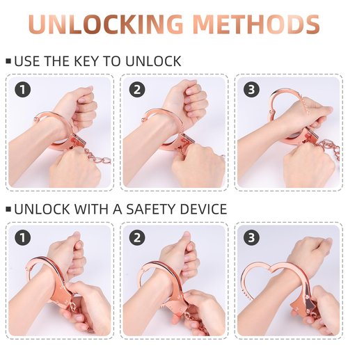 Bedsecret Metal Handcuffs with Two Skull Keys Upgrade Prop Handcuffs Toy Set (Rose) Including Decorative Bag and Cleaning Cloth