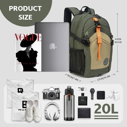 PS Le Periple Small Hiking Backpack, 20L Lightweight Travel Backpack with Phone Pocket, Hiking Daypack for Women Men,Olive green