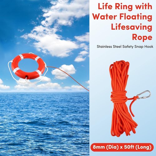 23" Life Ring with Floating Lifesaving Rope 50’ for Boating Safety, Boat Throw Rings with Reflective Strip,Orange Throw Ring with Grab Lines