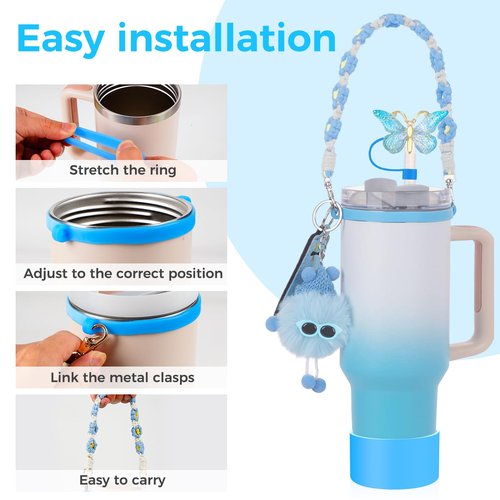 TJYAEKLTD Cup Accessories for Stanley Cup, Stanley Cup Accessories Set Including Silicone Cup Boot, Lipstick Holder, Water Bottle Handle Strap, Keychain Charms, for White Stanley Cup 40oz/30oz(Blue)